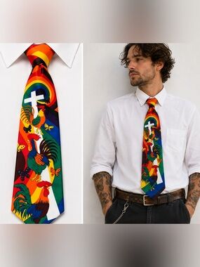 Vintage Eagles Wings Christian Rooster Rainbow Cross Novelty NeckTie Folk Art